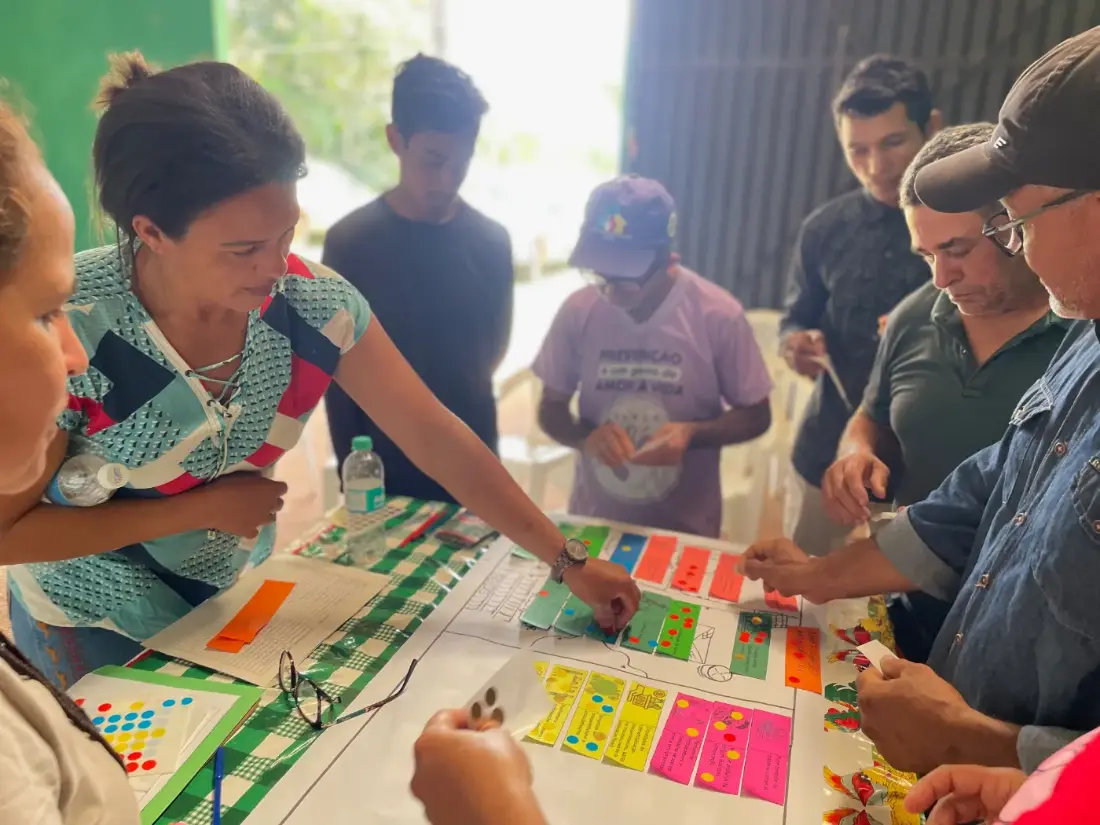 participantes priorizando boas práticas com adesivos coloridos sobre o mapa da propriedade