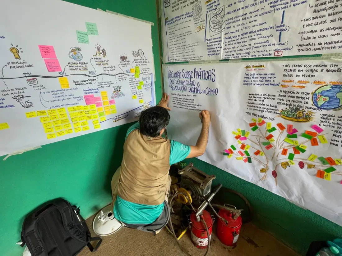 facilitador gráfico registrando a linha do tempo e as contribuições nos painéis