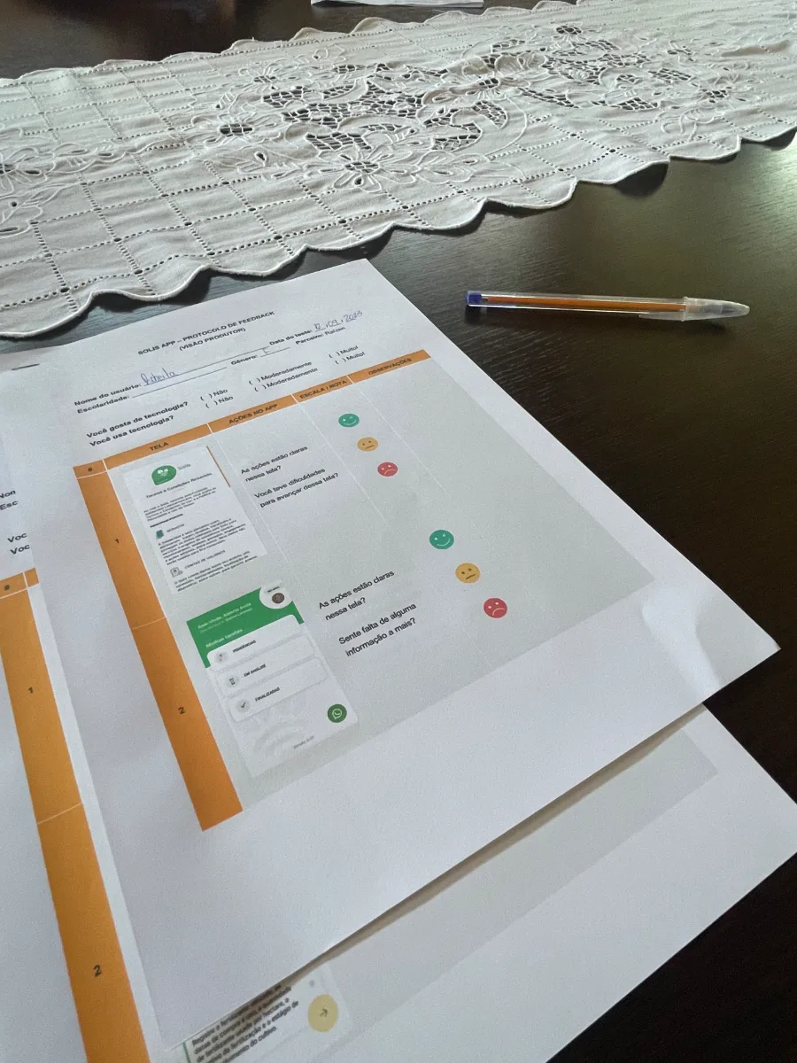 protocolo de feedback preenchido tela por tela durante o teste
